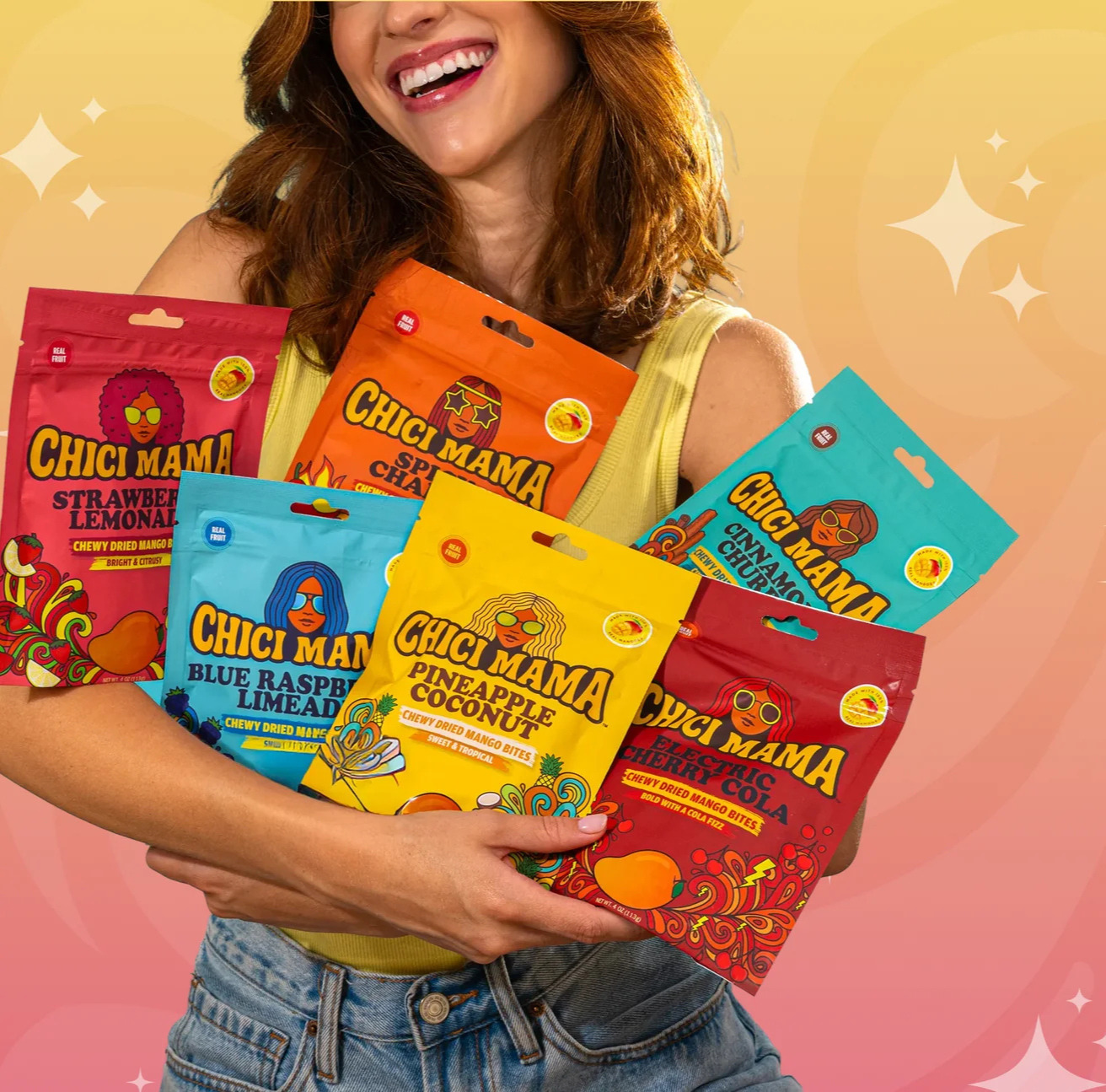 Chici Mama flavor bags fanned like playing cards